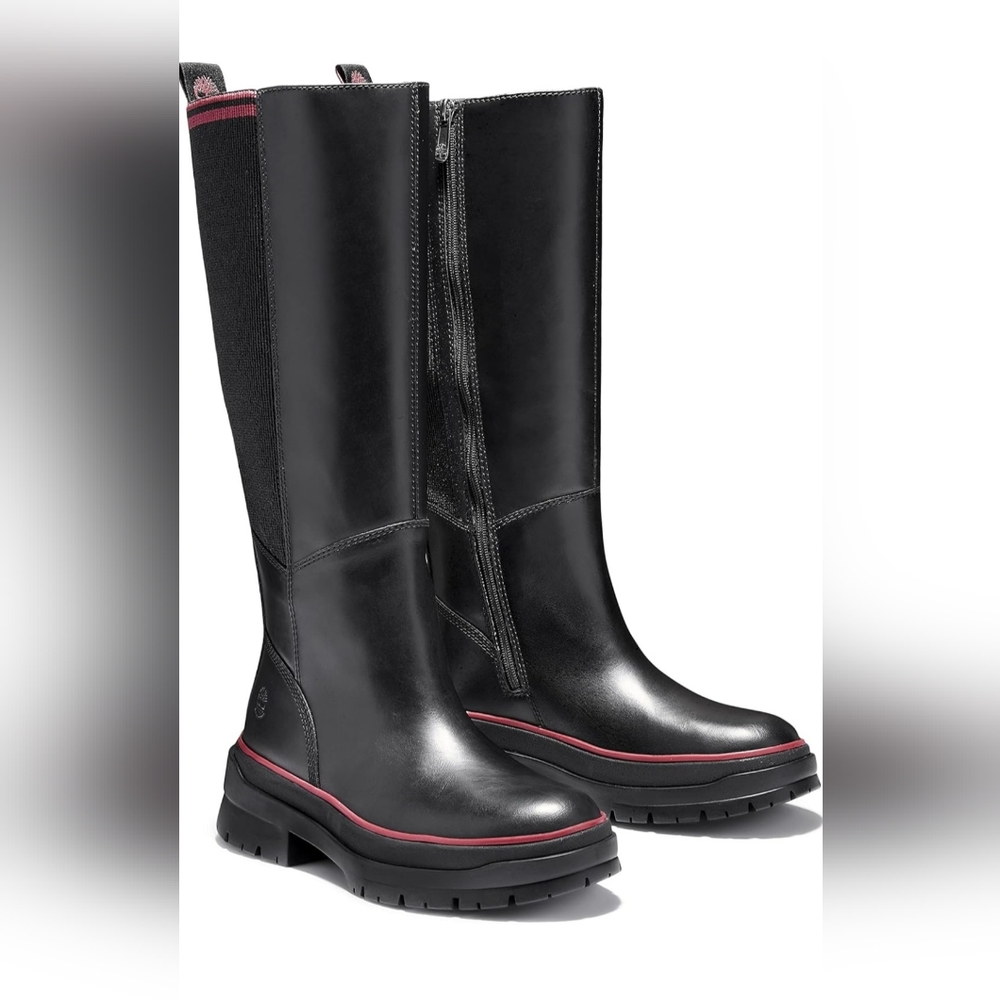 Timberland Black Leather Knee-High Boots with Pink Trim